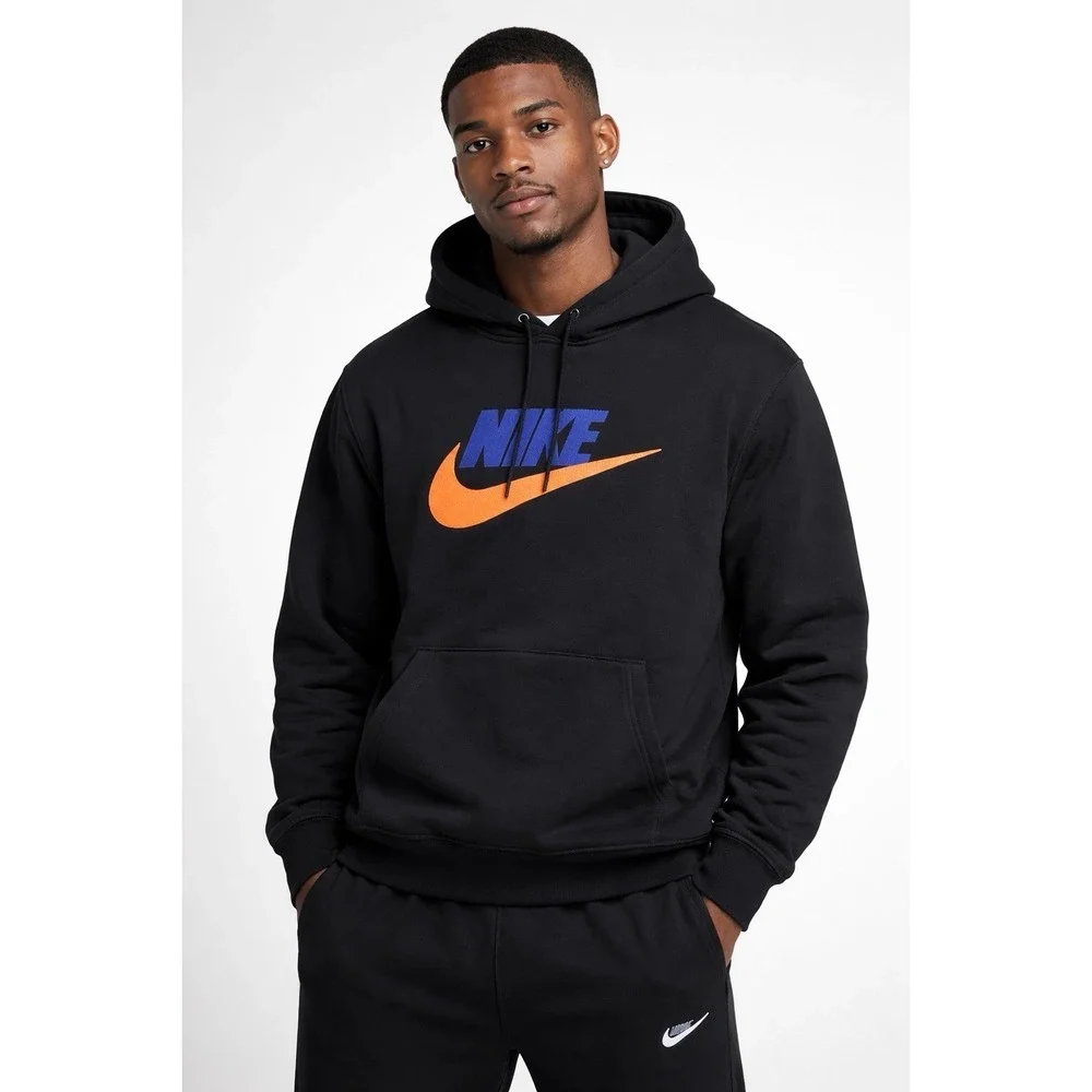 Nike Club Fleece Pullover Hoodie Black Orange Blue Terry FN3104-010 Men sz Med